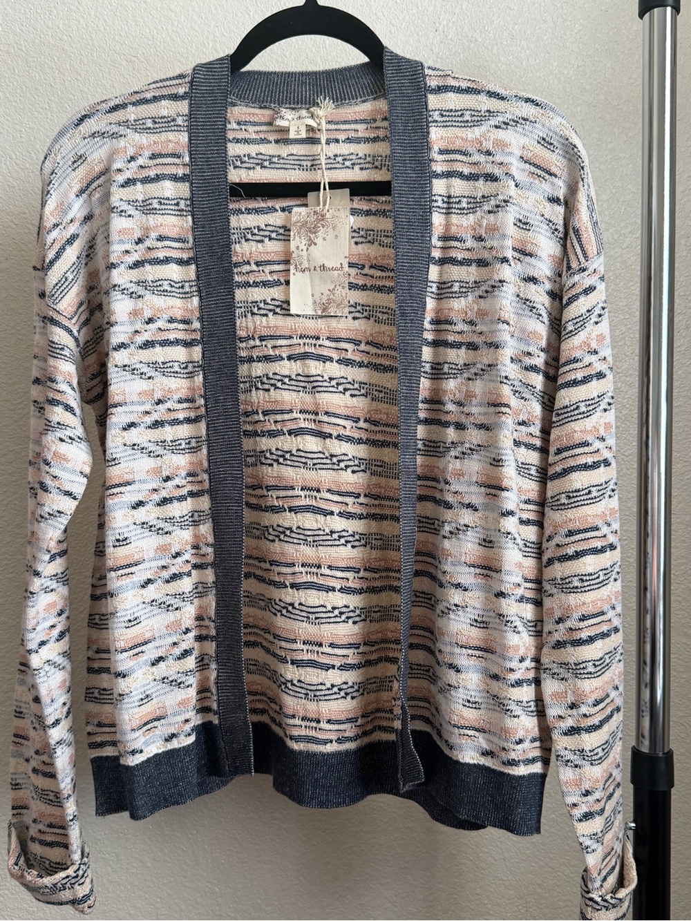 Hem & Thread Open-Front Striped Cardigan in Pink and Gray